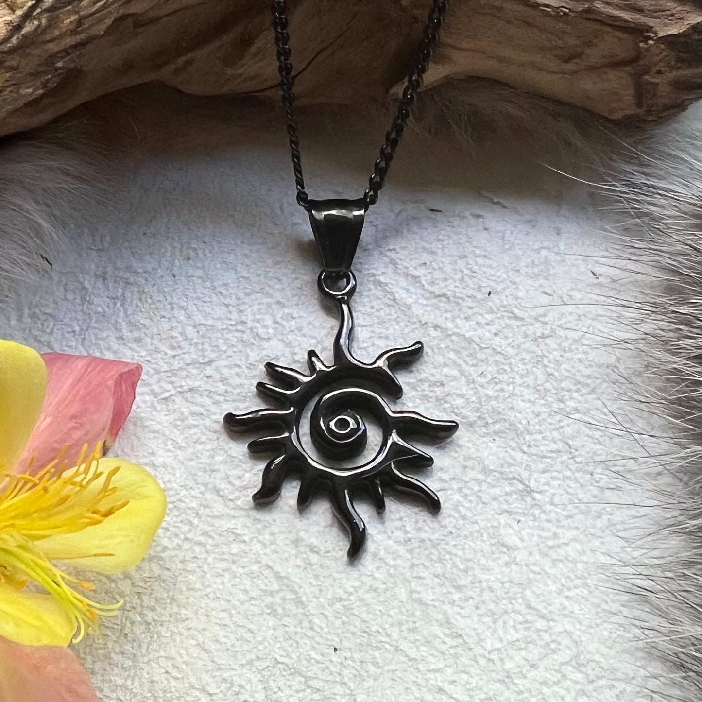 Necklace - Spiral Sun in black steel