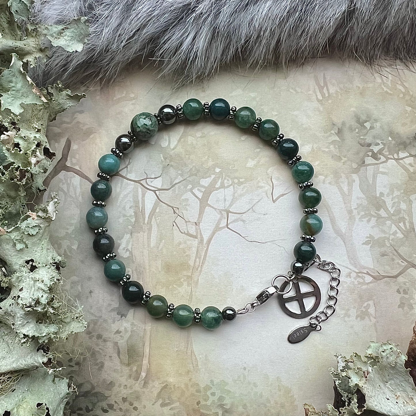 Bracelet made of moss agate, hematite and kambaba jasper