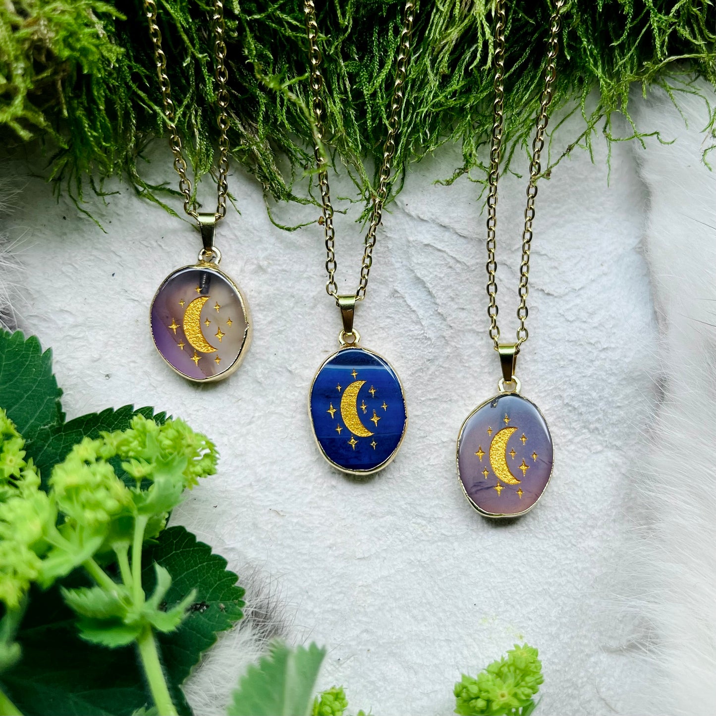 Necklace with brass plated purple agate - Moon and stars