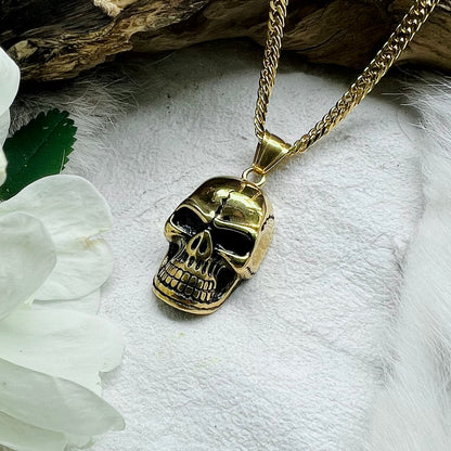 Necklace - Skull on armor link in gold colored steel