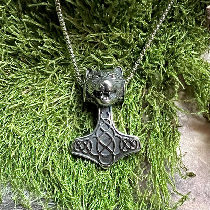 Vikingasmycke halsband med torshammare och varghuvud