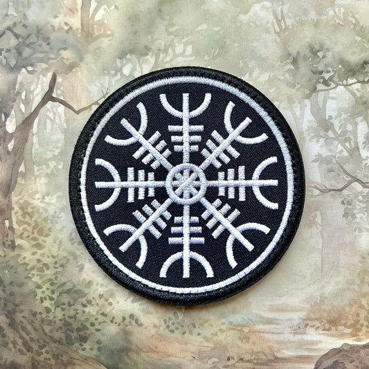 Tygmärke/patch med Aegishjalmur. Kardborre-variant.