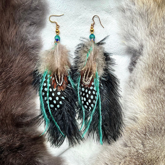 Earrings with feathers in black, turquoise and nougat with enameled flower bell