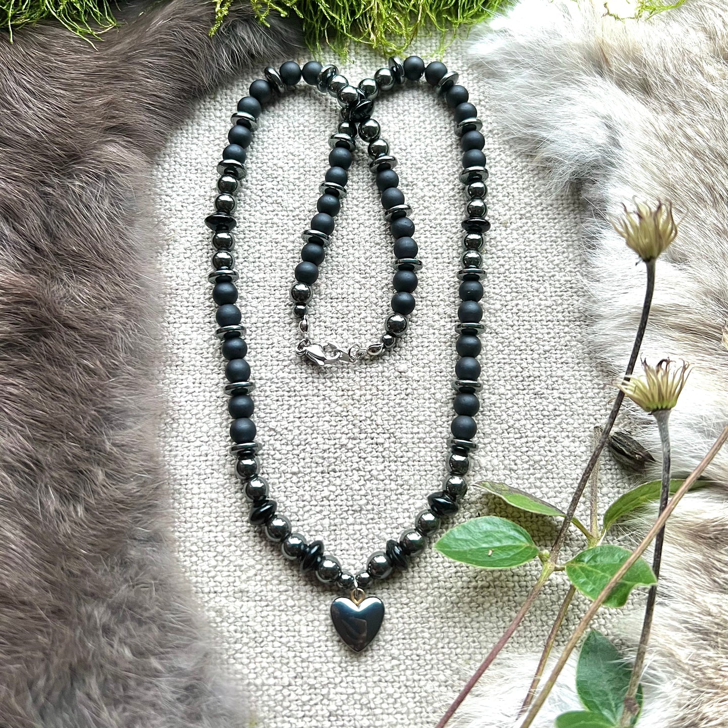 Necklace - Hematite and black glass with heart