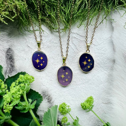 Necklace with brass-plated, purple agate - Starry sky