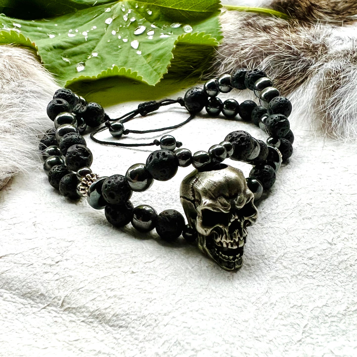 Double bracelet - Lava stone and hematite with skull in brass