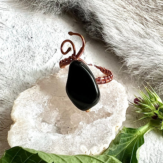 Ring - Obsidian and twisted copper wire