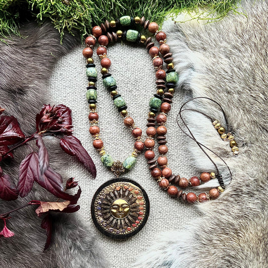 Sandalwood and wood jasper necklace with handmade Indonesian pendant