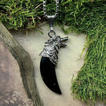 Halsband med Fenrisulven och tand av svart agat