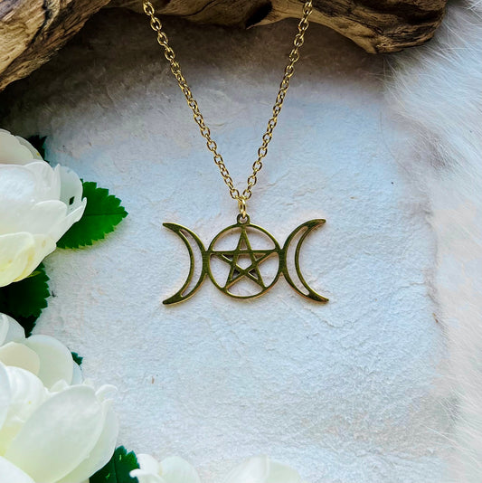 Necklace - Moon Goddess "Triple Moon", gold-coloured