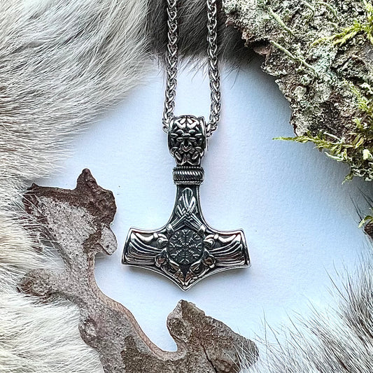 Necklace with cod hammer, Vegvisir and ravens in stainless steel