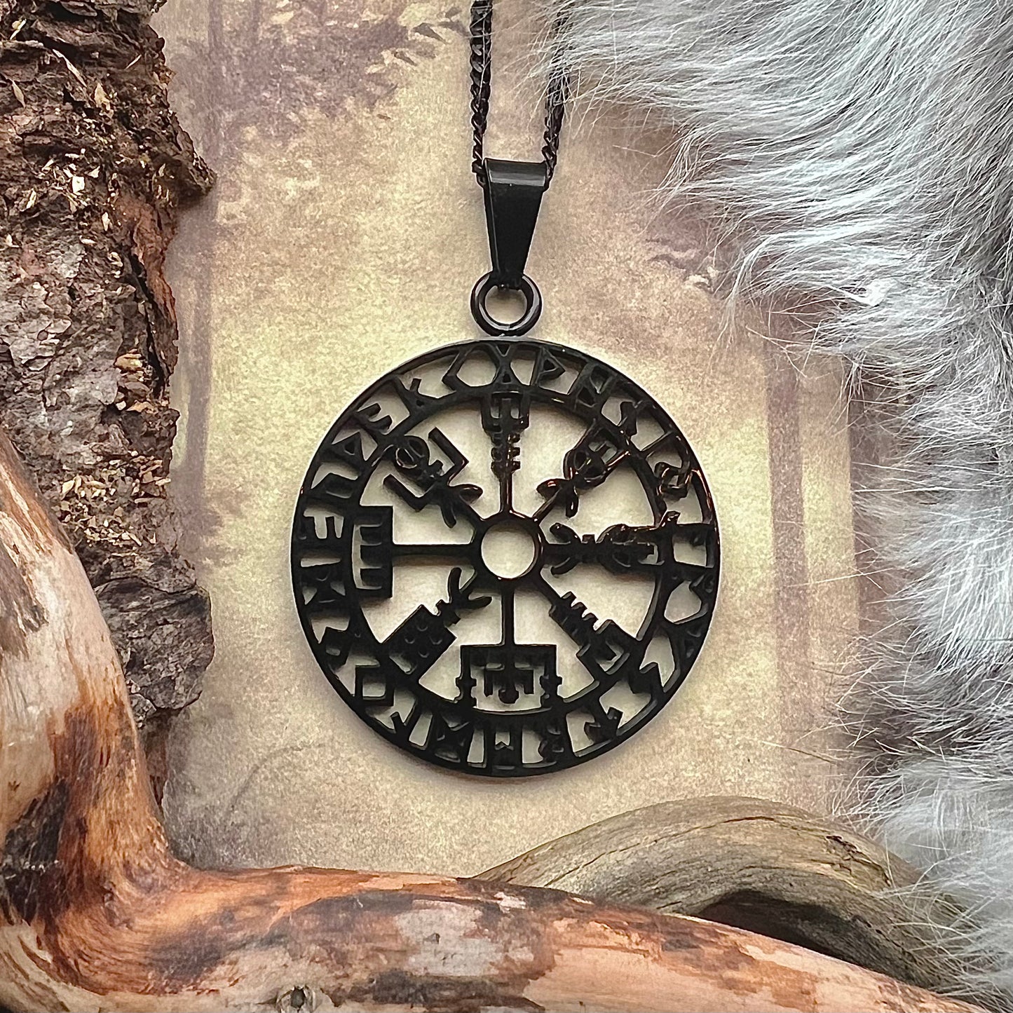 Vegvisir i svart, rostfritt stål