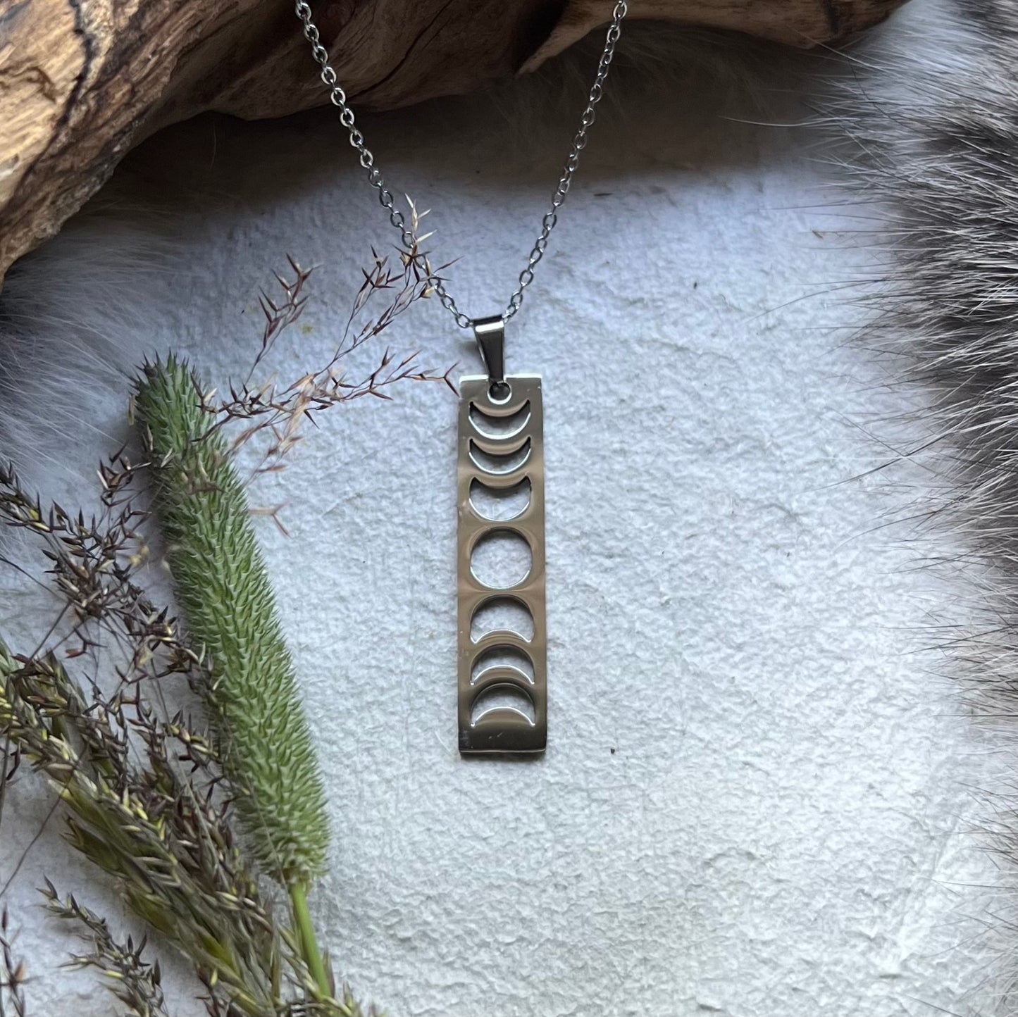 Necklace - tag with moon phases in stainless steel