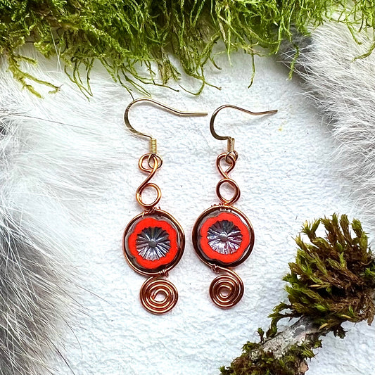 Earrings with red flowers made of Czech glass and copper wire