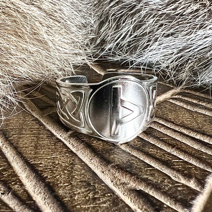 Adjustable steel ring with the rune Thurs