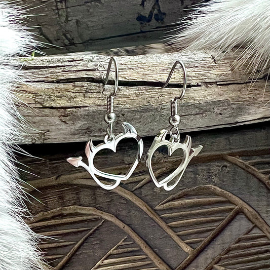 Earrings with heart, horn and tail in stainless steel