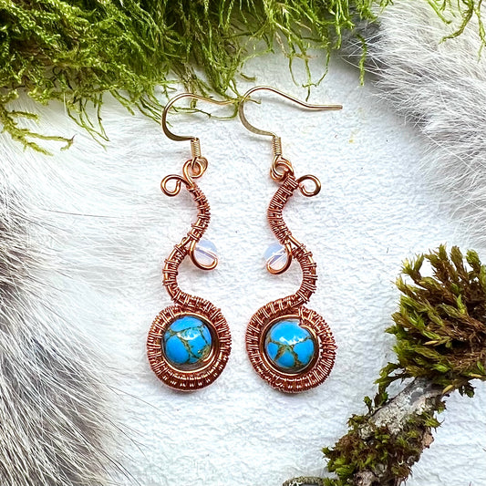 Earrings with foiled turquoise and copper wire