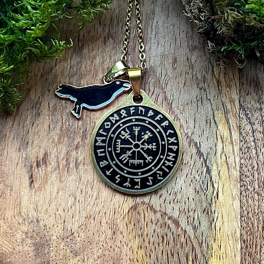 Necklace - Vegvisir in steel and black enamel, 30mm