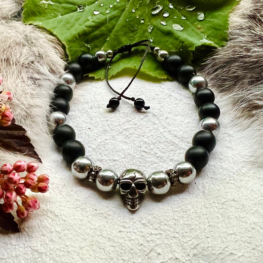 Bracelet with skull in steel and frosted glass