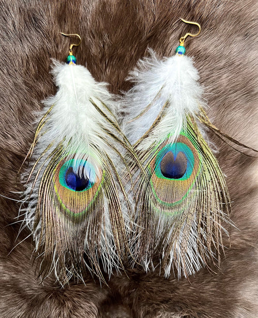 Earrings with feathers in white and peacock with enameled flower bell