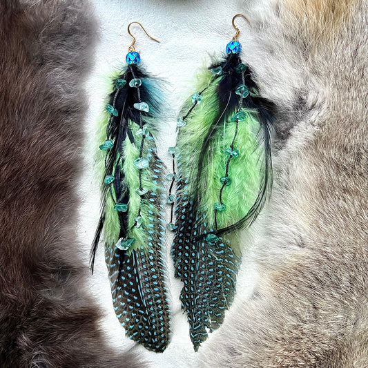 Earrings with feathers in black and green with turquoise glass and enameled lotus flower