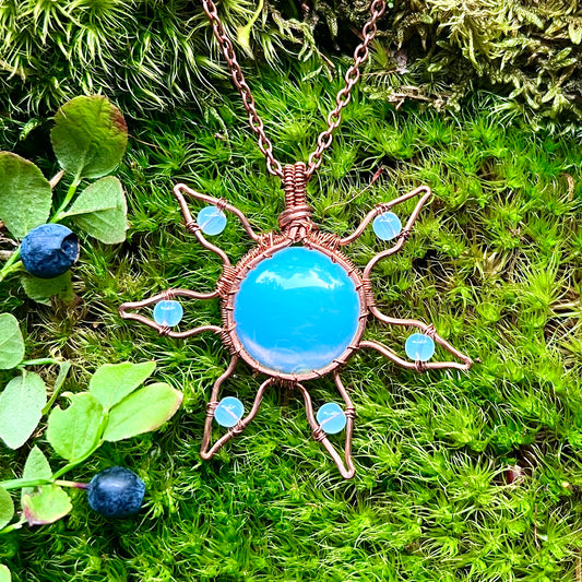 Necklace with sun and opalite in copper wire