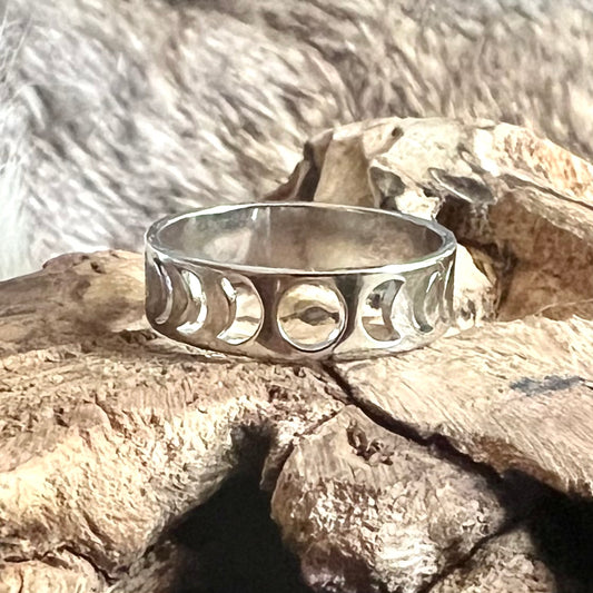 Ring with moon phases in stainless steel