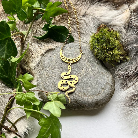 Necklace - Snake and crescent moon in gold colored steel