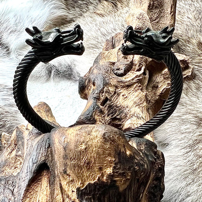 Cuff bracelet - Black steel with dragon heads