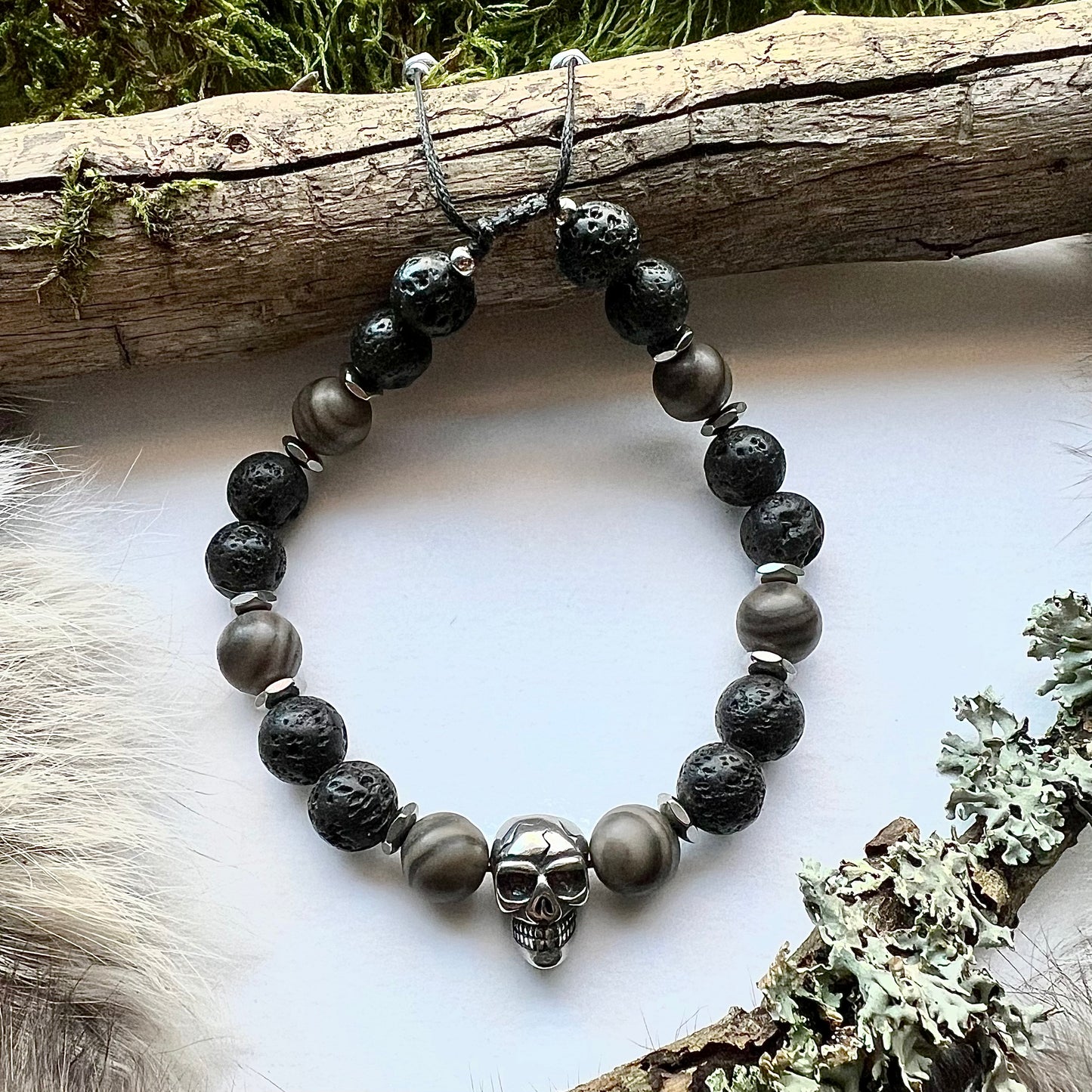 Lava stone and wood lace agate bracelet with stainless steel skull