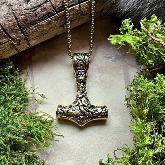 Vikingasmycke halsband med torshammare och Midgårdsormen, guld