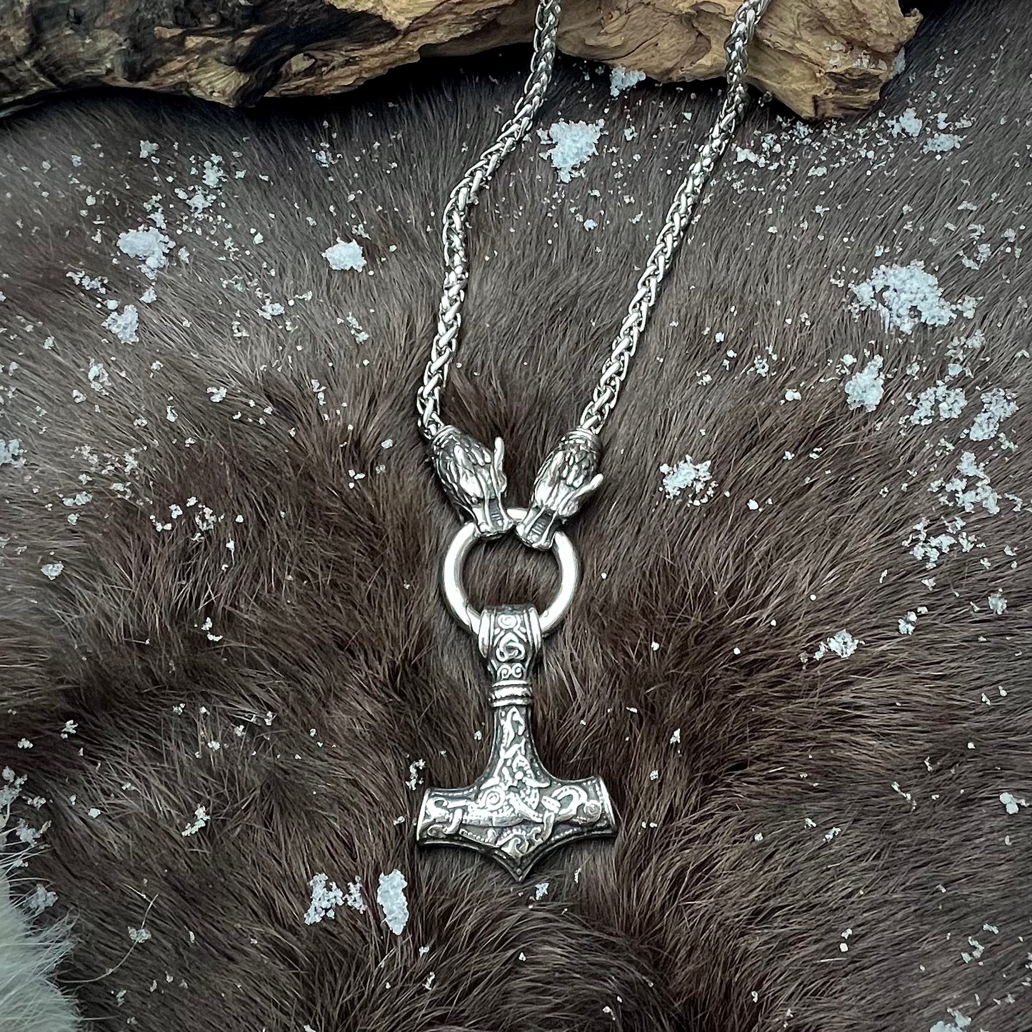 Steel necklace with dragon and Thor’s hammer