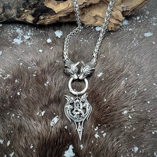 Steel necklace with wolf heads and ravens